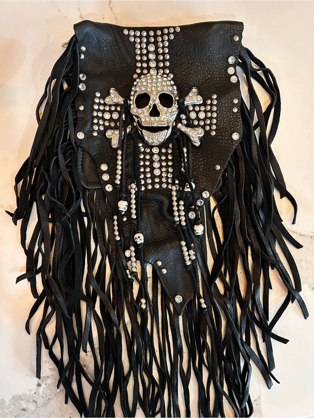 Black Fringe Crossbody Bag with Rhinestone Skull Accent